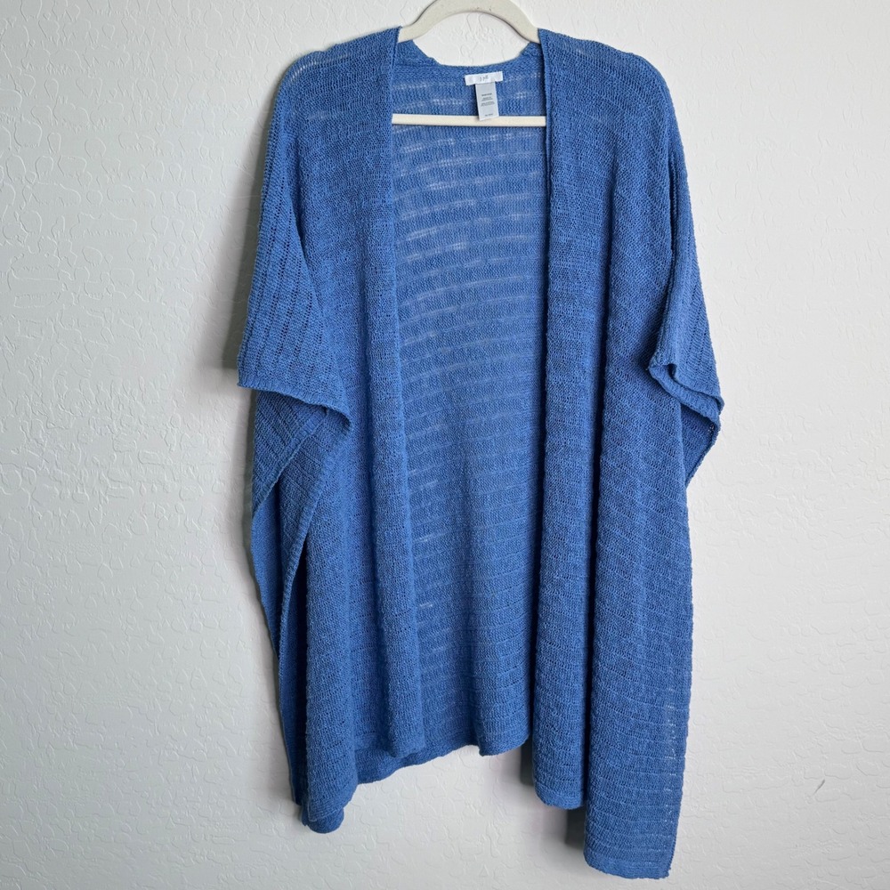 J. Jill Blue Pointelle Knit Open Front Cardigan Poncho One Size Cotton Blend